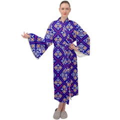 Symmetry Digital Art Pattern Blue Maxi Tie Front Velour Kimono by Pakrebo