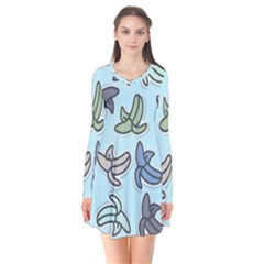 Bananas Repetition Repeat Pattern Long Sleeve V-neck Flare Dress by Pakrebo