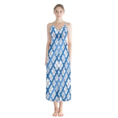 Geometric Overlay Blue Button Up Chiffon Maxi Dress by Bajindul