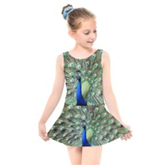 Blue And Green Peacock Kids  Skater Dress Swimsuit by Pakrebo