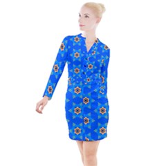 Pattern Backgrounds Blue Star Button Long Sleeve Dress by HermanTelo