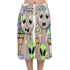 Graphic Kawaii Bunnies Velvet Flared Midi Skirt by Sudhe