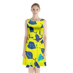 Leaves Pattern Picture Detail Sleeveless Waist Tie Chiffon Dress by Simbadda