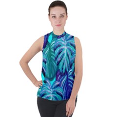 Leaves Tropical Palma Jungle Mock Neck Chiffon Sleeveless Top by Simbadda