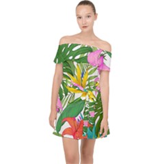 Tropical Greens Leaves Monstera Off Shoulder Chiffon Dress by Simbadda