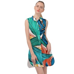 Leaves Tropical Summer Exotic Sleeveless Shirt Dress by Simbadda