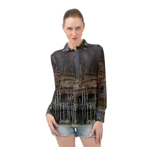 Castle Mansion Architecture House Long Sleeve Chiffon Shirt by Wegoenart