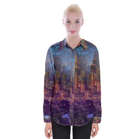 City Lights Skyline Buildings Womens Long Sleeve Shirt by Wegoenart