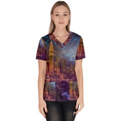 City Lights Skyline Buildings Women s V-neck Scrub Top by Wegoenart