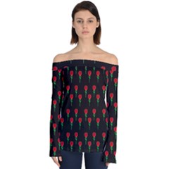 Red Water Color Rose On Black Off Shoulder Long Sleeve Top by snowwhitegirl