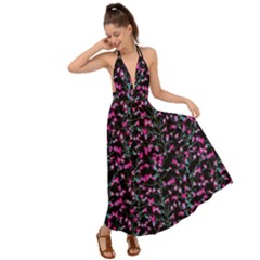 Hot Pink Steel Blue Flora Over Black Backless Maxi Beach Dress by 1dsign