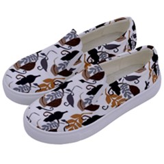 Gray Brown Black Neutral Leaves Kids  Canvas Slip Ons by bloomingvinedesign