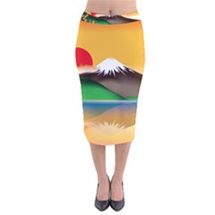 Mount Fuji Japan Lake Sun Sunset Velvet Midi Pencil Skirt by Simbadda