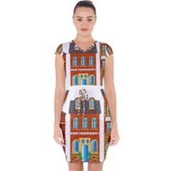 City Buildings Brick Architecture Capsleeve Drawstring Dress  by Simbadda