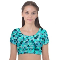 Teal Triangles Pattern Velvet Short Sleeve Crop Top  by LoolyElzayat