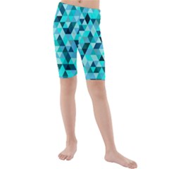 Teal Triangles Pattern Kids  Mid Length Swim Shorts by LoolyElzayat