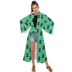 Nerdy 60s  Girl Pattern Seafoam Green Maxi Kimono by snowwhitegirl