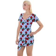 Red Roses Light Blue Short Sleeve Asymmetric Mini Dress by snowwhitegirl