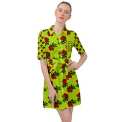 Red Roses Lime Green Belted Shirt Dress by snowwhitegirl