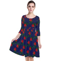 Red Roses Dark Blue Quarter Sleeve Waist Band Dress by snowwhitegirl