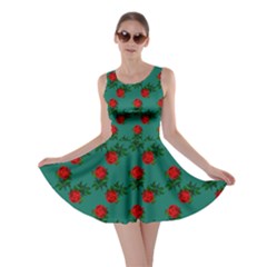 Red Roses Teal Green Skater Dress by snowwhitegirl