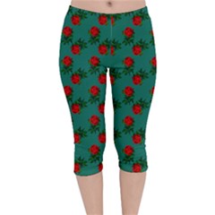 Red Roses Teal Green Velvet Capri Leggings  by snowwhitegirl