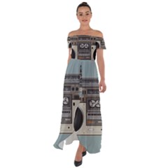 Radio Cassette Speaker Sound Audio Off Shoulder Open Front Chiffon Dress by Simbadda