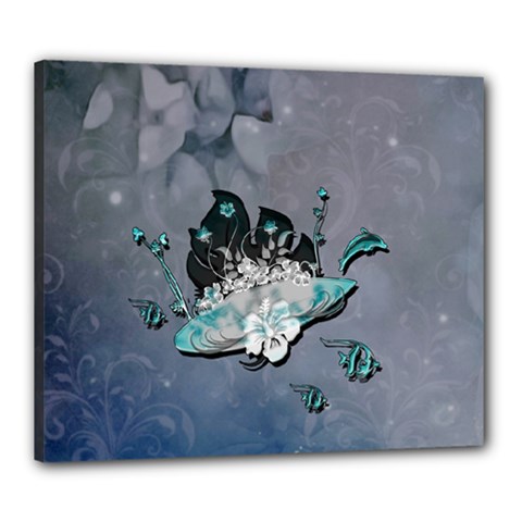 Sport, Surfboard With Flowers And Fish Canvas 24  X 20  (stretched) by FantasyWorld7