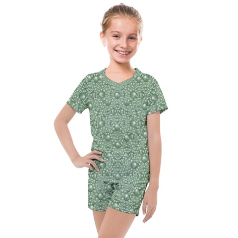 Baroque Green Pearls Ornate Bohemian Kids  Mesh Tee And Shorts Set by pepitasart