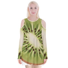 Kiwi Fruit Fresh Green Tasty Food Velvet Long Sleeve Shoulder Cutout Dress by Simbadda