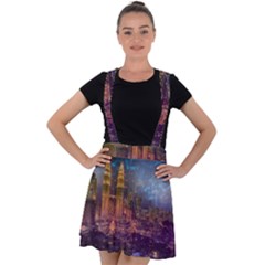 City Lights Skyline Buildings Velvet Suspender Skater Skirt by Simbadda