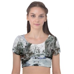 Tree Waterfall Landscape Nature Velvet Short Sleeve Crop Top  by Simbadda