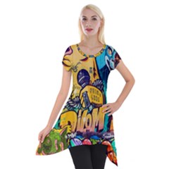 Graffiti Street Art Mountains Wall Short Sleeve Side Drop Tunic by Simbadda