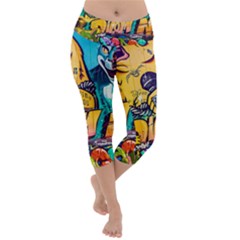 Graffiti Street Art Mountains Wall Lightweight Velour Capri Yoga Leggings by Simbadda