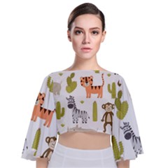 Cute Safari Animals Seamless Pattern Tie Back Butterfly Sleeve Chiffon Top by Vaneshart