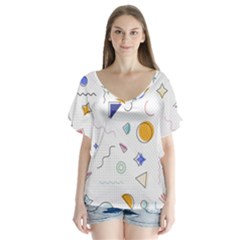 Memphis Pattern With Geometric Shapes V-neck Flutter Sleeve Top by Vaneshart