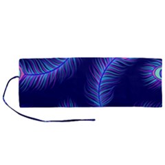 Seamless Pattern With Colorful Peacock Feathers Dark Blue Background Roll Up Canvas Pencil Holder (m) by Vaneshart