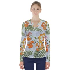 Peacock Flower Seamless Pattern V-neck Long Sleeve Top by Vaneshart