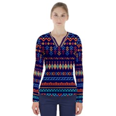 Decorative Pattern Ethnic Style V-neck Long Sleeve Top by Vaneshart