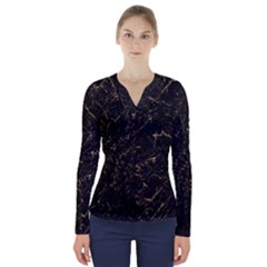 Black Marbled Surface V-neck Long Sleeve Top by Vaneshart