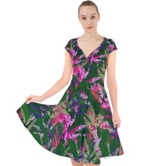 Vibrant Tropical Cap Sleeve Front Wrap Midi Dress by Vaneshart