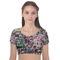 Graffiti Wall Background Velvet Short Sleeve Crop Top  by Vaneshart