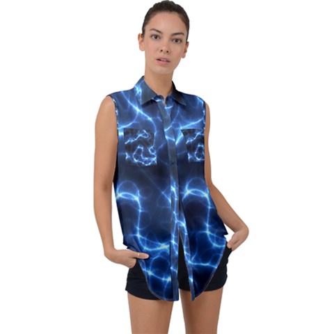 Lightning Electricity Pattern Blue Sleeveless Chiffon Button Shirt by Mariart