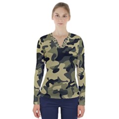 Army Camo Pattern V-neck Long Sleeve Top by Vaneshart