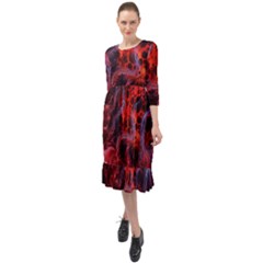 Art Space Abstract Red Line Ruffle End Midi Chiffon Dress by Vaneshart