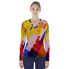 Abstract Lines Shapes Colorful V-neck Long Sleeve Top by Vaneshart