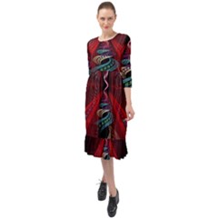 Patterns Red Abstract Ruffle End Midi Chiffon Dress by Vaneshart