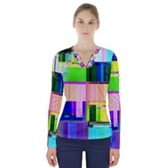 Glitch Art Abstract V-neck Long Sleeve Top by Vaneshart