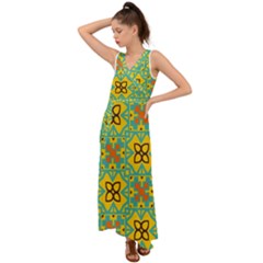 Flowers In Squares Pattern                                                 V-neck Chiffon Maxi Dress by LalyLauraFLM