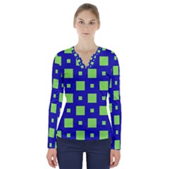 Squares Grid Seamless V-neck Long Sleeve Top by Vaneshart